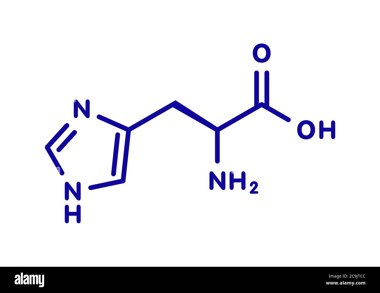 Histidine (l-histidine, his, H) amino acid molecule. Blue skeletal formula on white background. Stock Photo