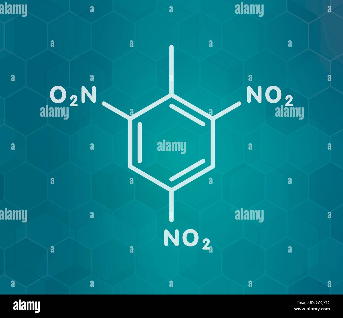 Trinitrotoluene (TNT) high explosive molecule. White skeletal formula on dark teal gradient background with hexagonal pattern. Stock Photo