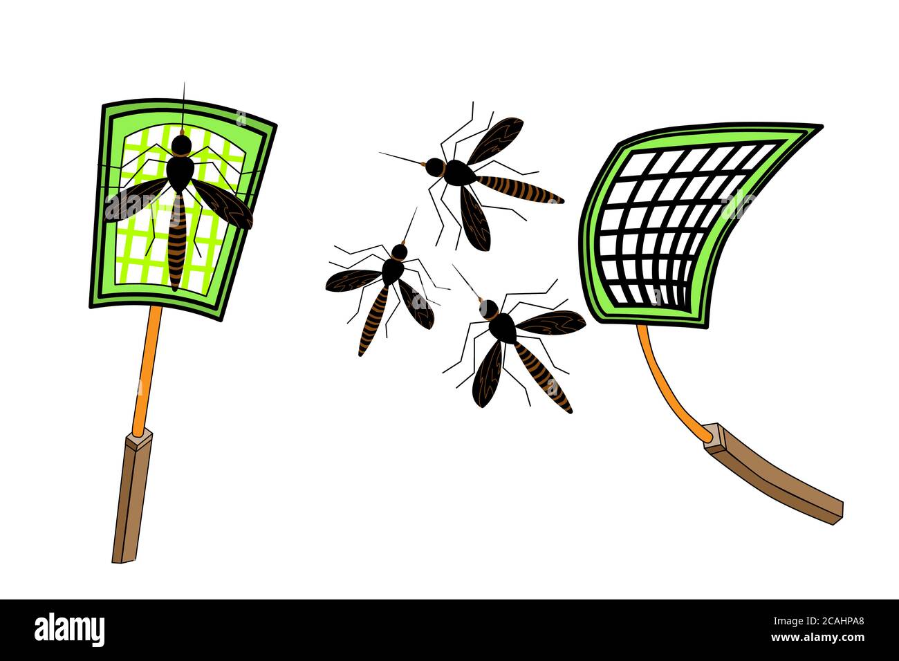 Mosquitoes and swatter isolated on white background. Tool for destruction of insects at home. Plastic palette trapping insects net racket.Stock vector Stock Vector