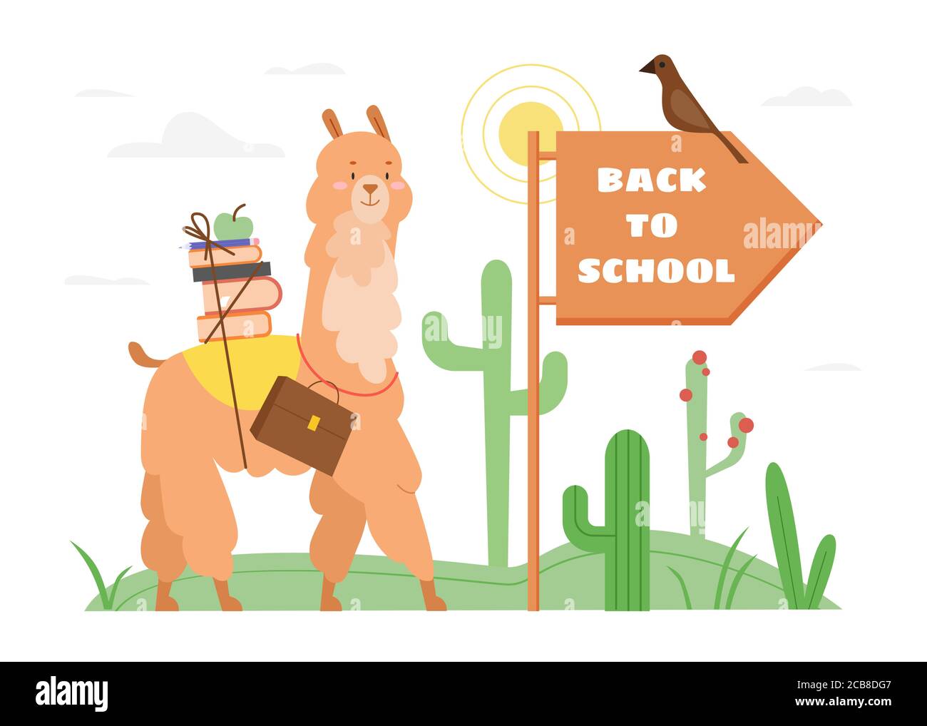 Back to school text motivation concept vector illustration. Cartoon flat cute happy llama or alpaca animal character with schoolbag and stack of books or textbooks going to study isolated on white Stock Vector