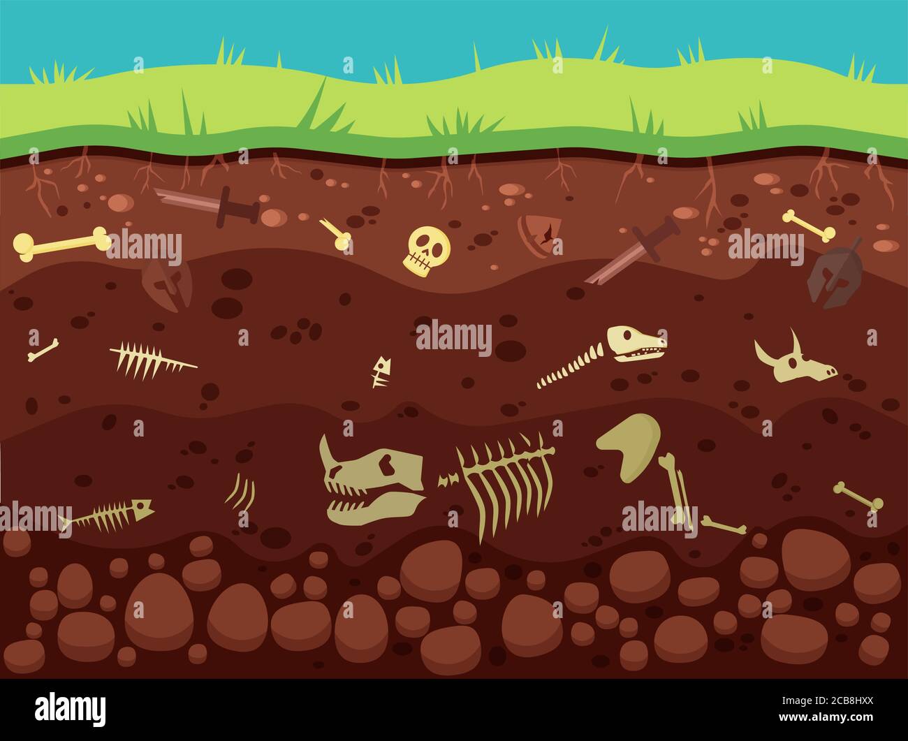 Archeology, historic artifacts under ground illustration. Dinosaurs and prehistoric animals bones, fossil in soil layers flat vector drawing. History, paleontology science, archeological excavation Stock Vector