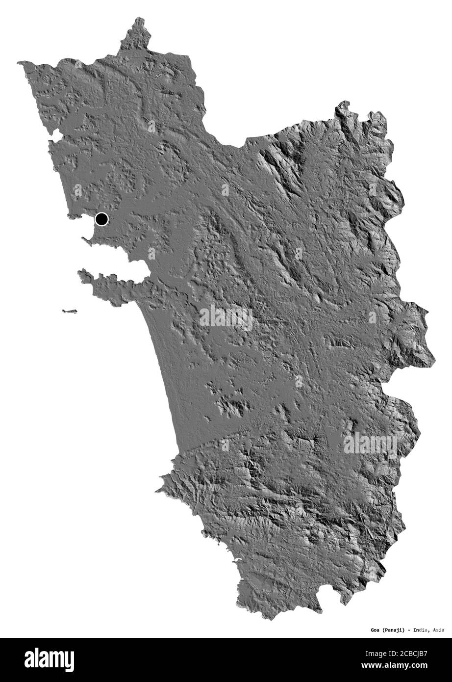 Shape of Goa, state of India, with its capital isolated on white background. Bilevel elevation map. 3D rendering Stock Photo