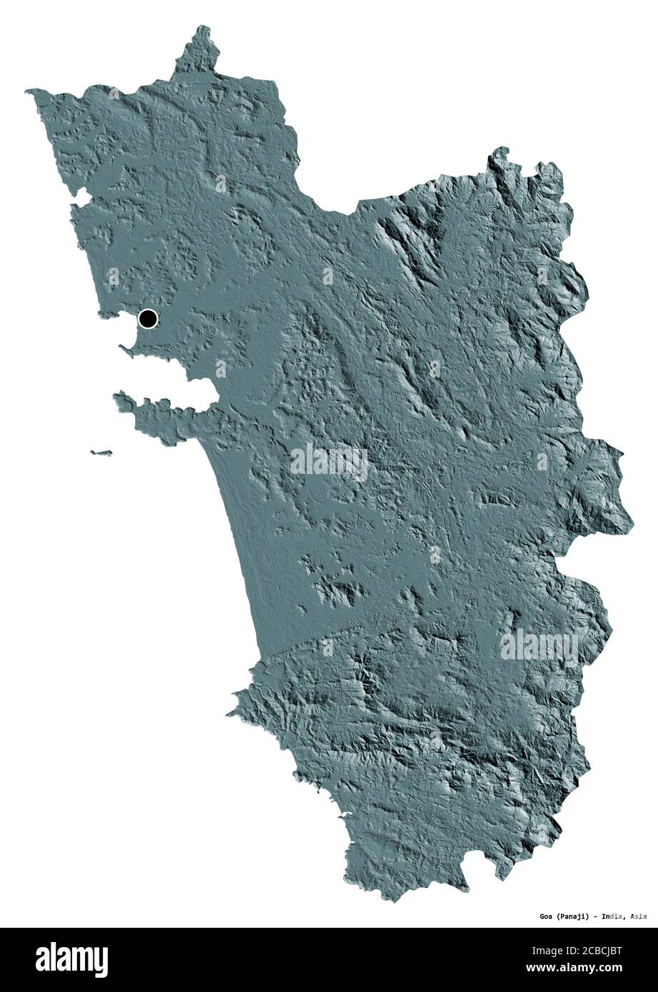 Shape of Goa, state of India, with its capital isolated on white background. Colored elevation map. 3D rendering Stock Photo