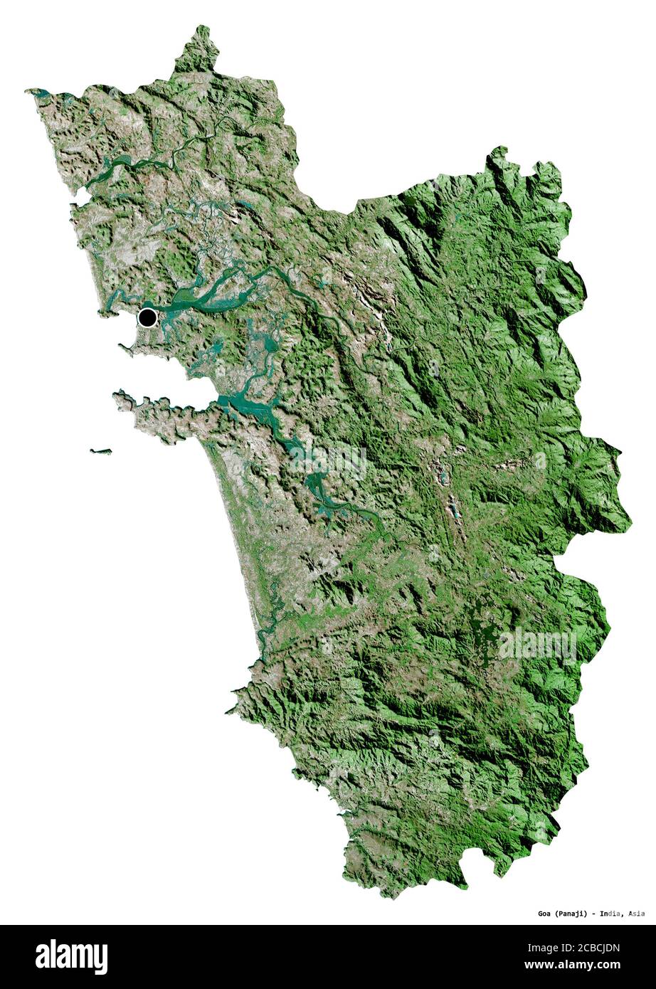 Shape of Goa, state of India, with its capital isolated on white background. Satellite imagery. 3D rendering Stock Photo