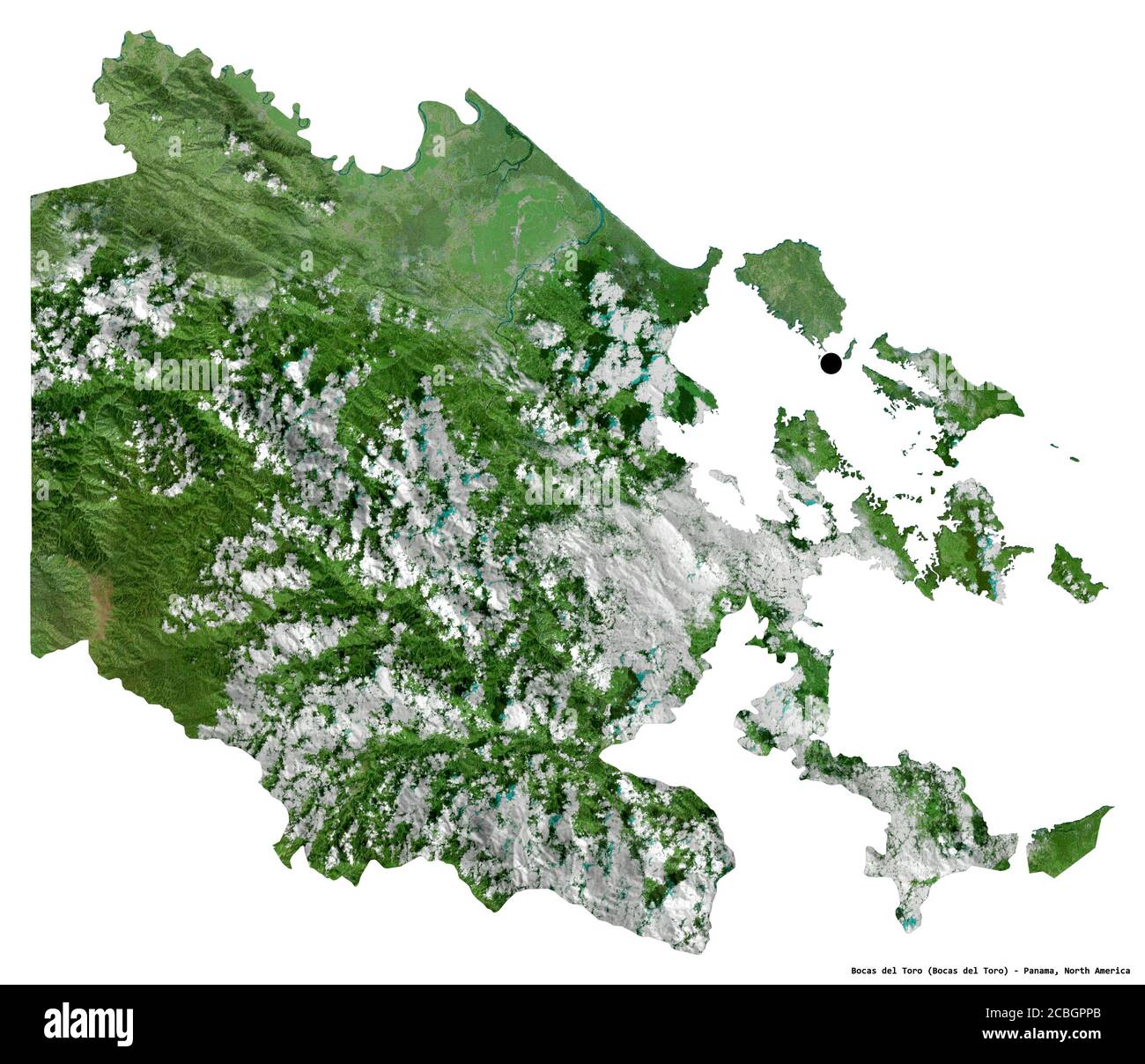 Shape of Bocas del Toro, province of Panama, with its capital isolated on white background. Satellite imagery. 3D rendering Stock Photo