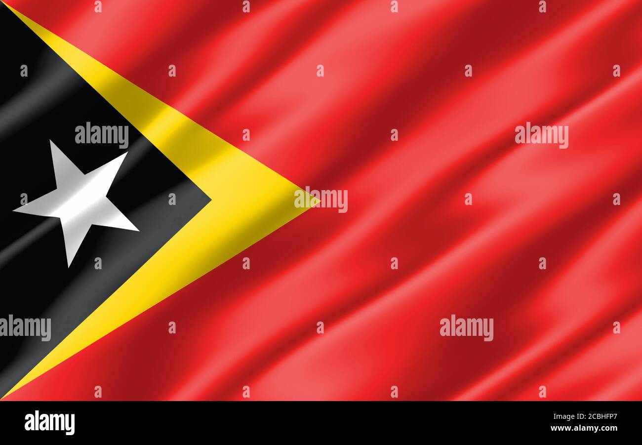 Silk wavy flag of Timor Leste graphic. Wavy Timorese flag 3D illustration. Rippled Timor Leste country flag is a symbol of freedom, patriotism and ind Stock Photo