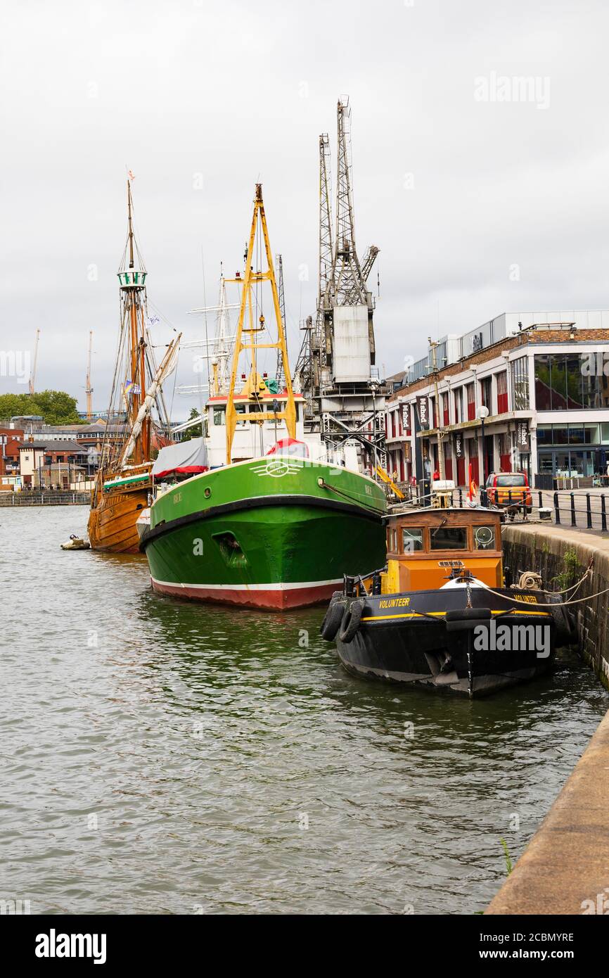 Historic ships “Volunteer”, “Bee” and “Mathew” moored at Princes Wharf, Harbourside, Bristol England. July 2020 Stock Photo