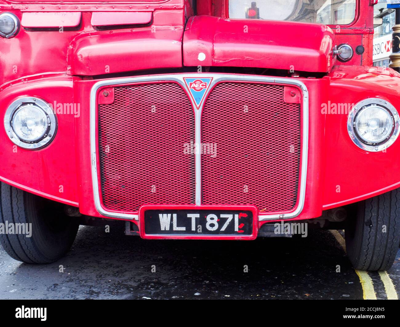 Front rear of an old vintage red double decker bus - London, England Stock Photo