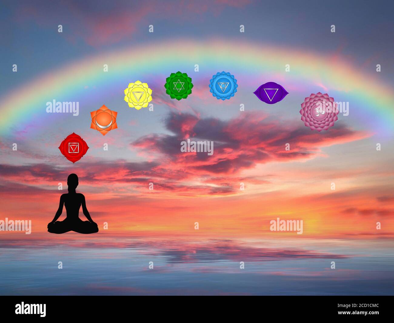 Spiritual background for meditation with chakras and human silhouette in sea reflection Stock Photo