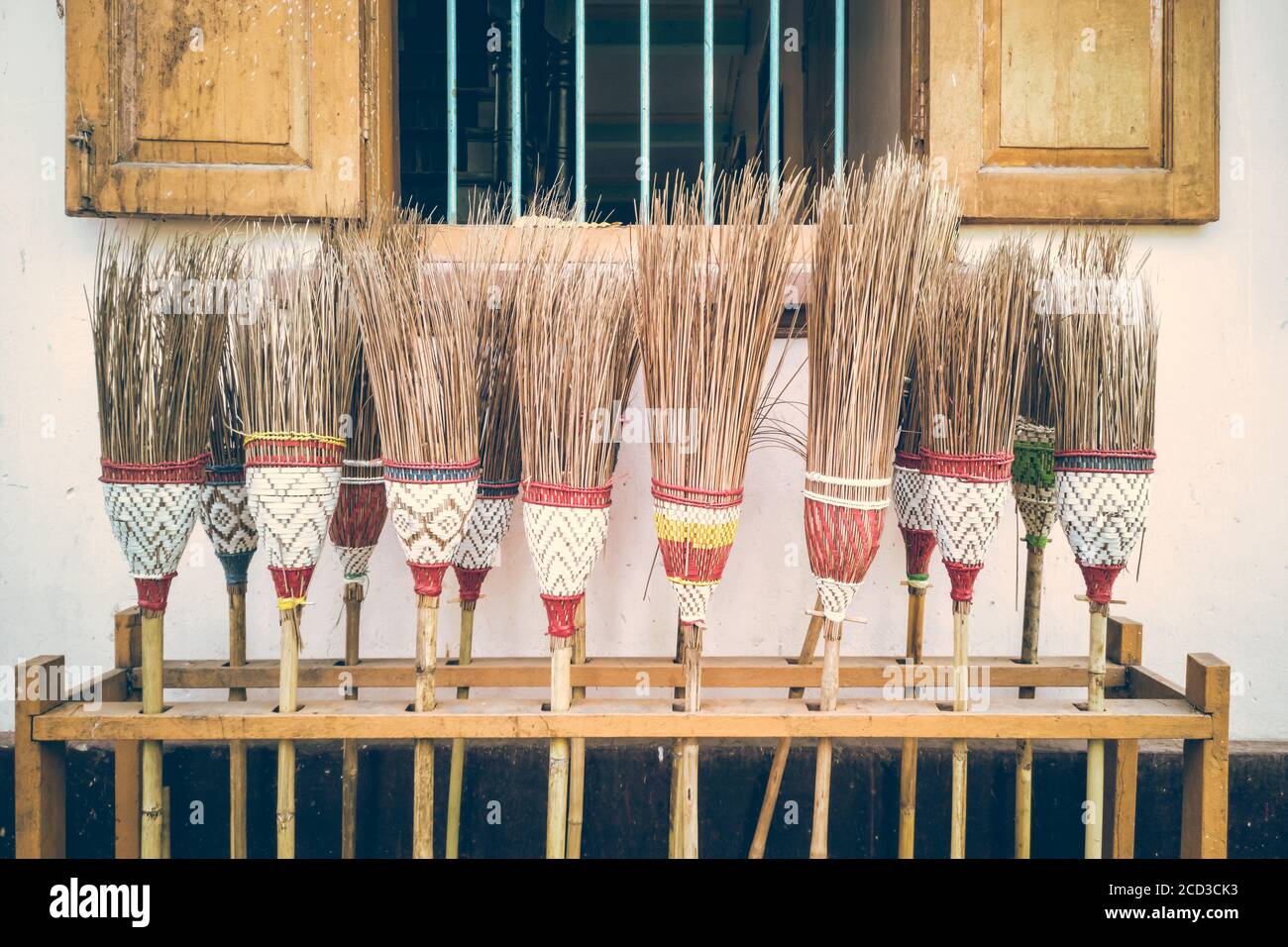 Bamboo brooms at Mahagandhayon Monastery, Amarapura, Mandalay, Burma, Myanmar Stock Photo