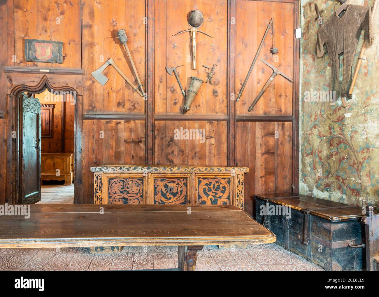 interior room of the medieval princely castle of Merano in Trentino Alto Adige located in the historic center of the South Tyrolean city. Merano, Bolz Stock Photo