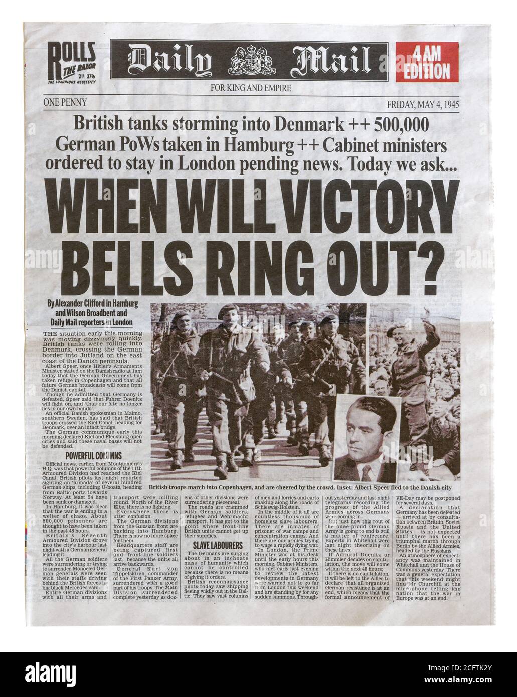 The front page of the Daily Mail May 4 1945 with the headline When Will Victory Bells Ring Out Stock Photo