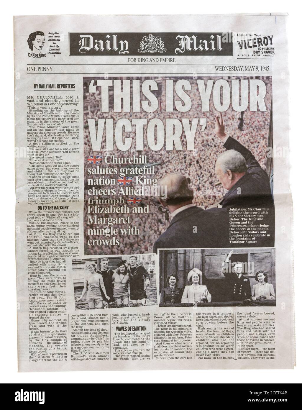 The front page of the Daily Mail May 9 1945 with the headline This Is Your Victory, about Churchill's speech for VE Day Stock Photo