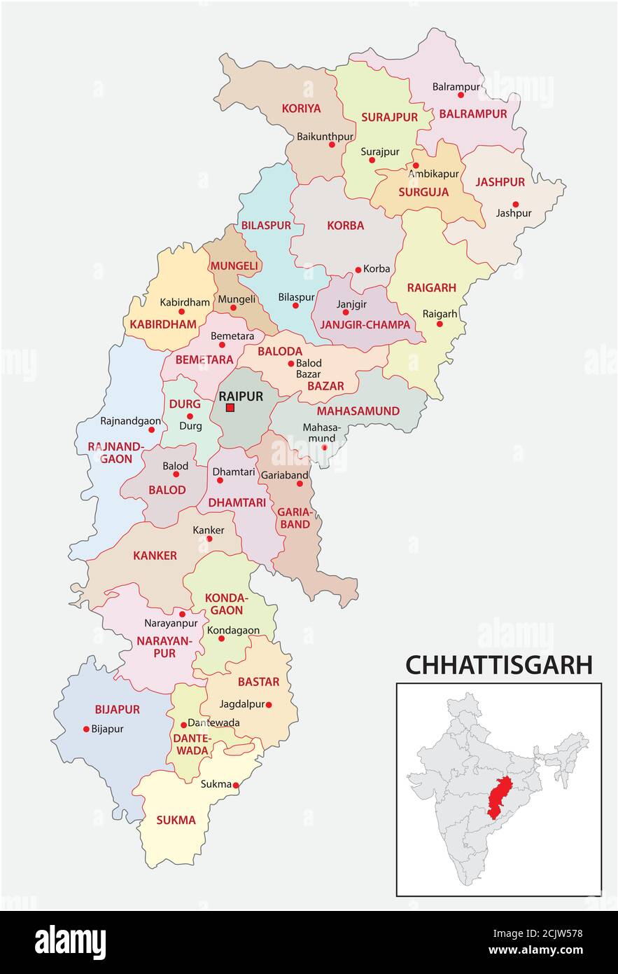 administrative and political map of indian state of Chhattisgarh, india Stock Vector