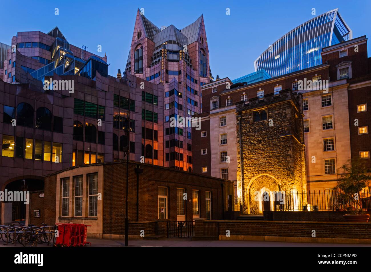 England, London, City of London, Mark Lane, Tower of All Hallows Staining Church and City Skyline Stock Photo