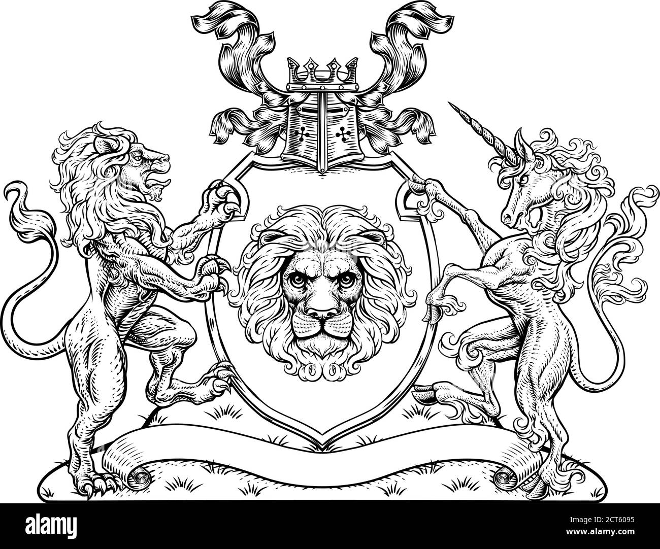 Coat of Arms Unicorn Lion Crest Shield Family Seal Stock Vector