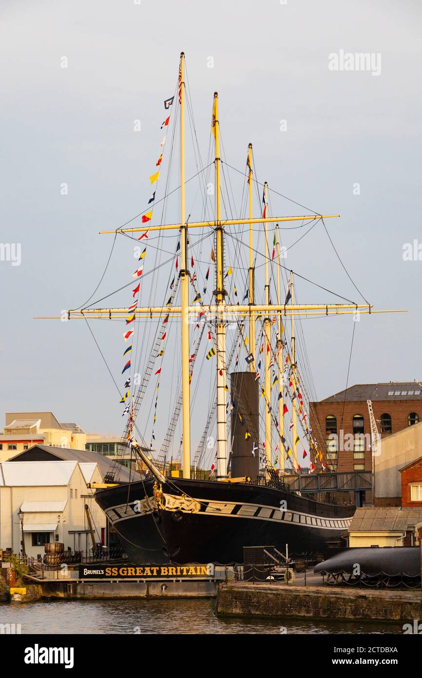 SS Great Britain lit by the setting sun, Floating Harbour, Bristol, England. Sept 2020 Stock Photo