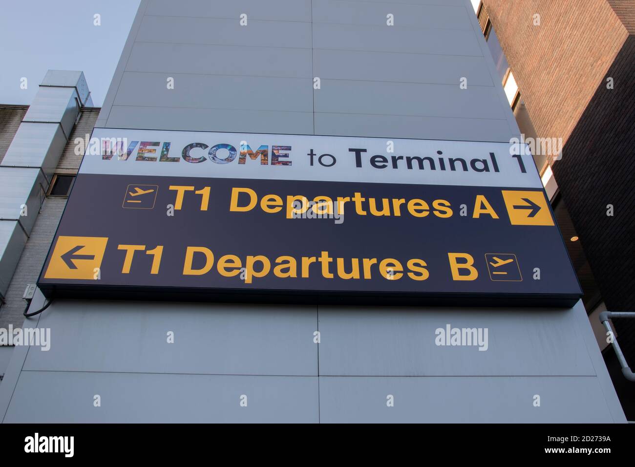 Billboard Welcome To Terminal 1 At The Airport Of Manchester England 9-12-2019 Stock Photo