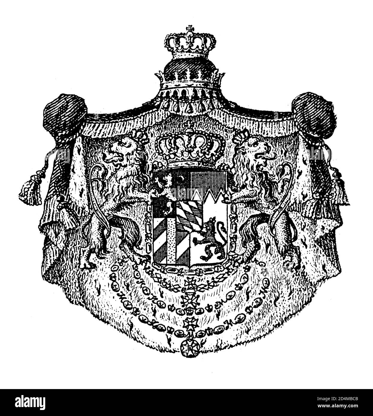 Antique 19th-century illustration of coat of arms of the Kingdom of Bavaria. Published in Systematischer Bilder-Atlas zum Conversations-Lexikon, Ikono Stock Photo