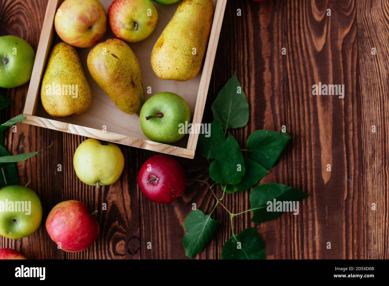 apples and pears in a tray on a wooden background Stock Photo