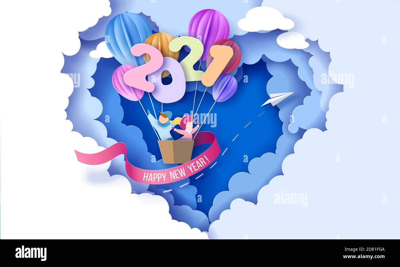 2021 New Year design card with kids in basket of air balloons flying on blue sky background with clouds heart shaped. Vector paper art illustration. Paper cut and craft style. Stock Vector