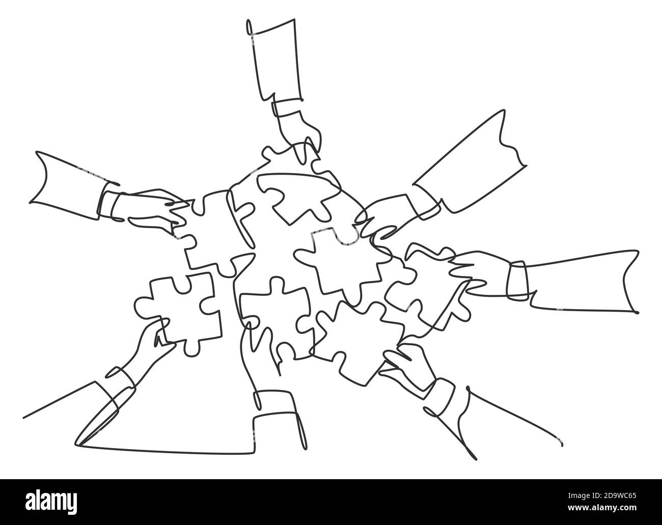 Single continuous line drawing of male and female business team members unite puzzle pieces together to one as team building symbol. Employee teamwork Stock Vector