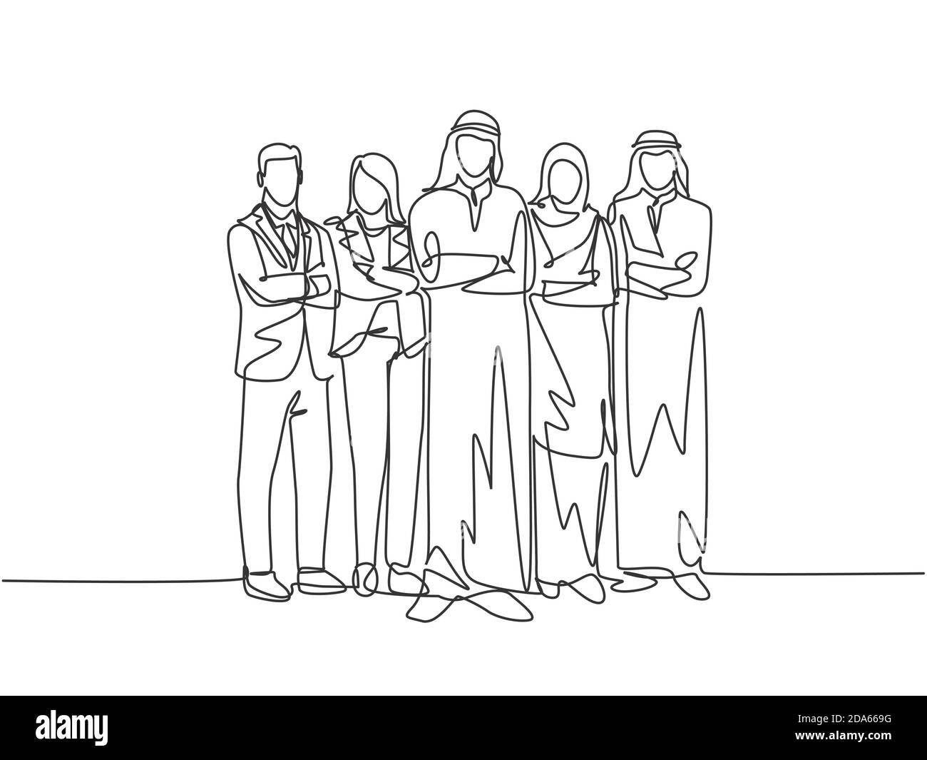 Single continuous line drawing of young male and female muslim staff employees line up together at the office. Arab middle east cloth shmagh, thawb Stock Vector