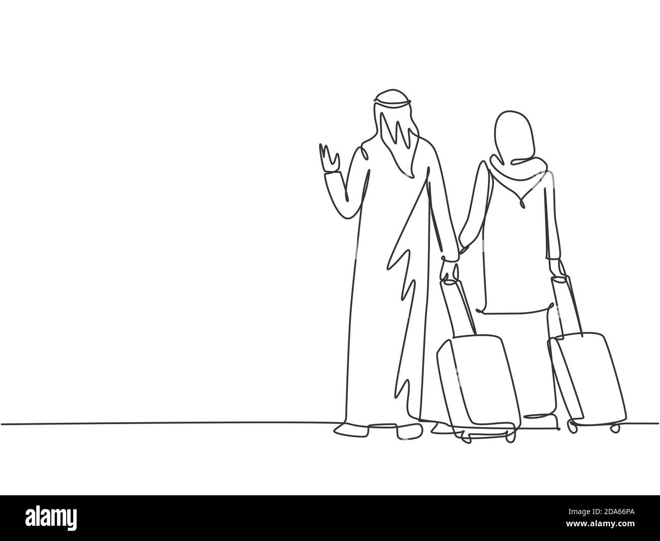 One continuous line drawing of young male and female muslim couple do business trip to abroad together. Islamic clothing hijab, kandura, scarf Stock Vector