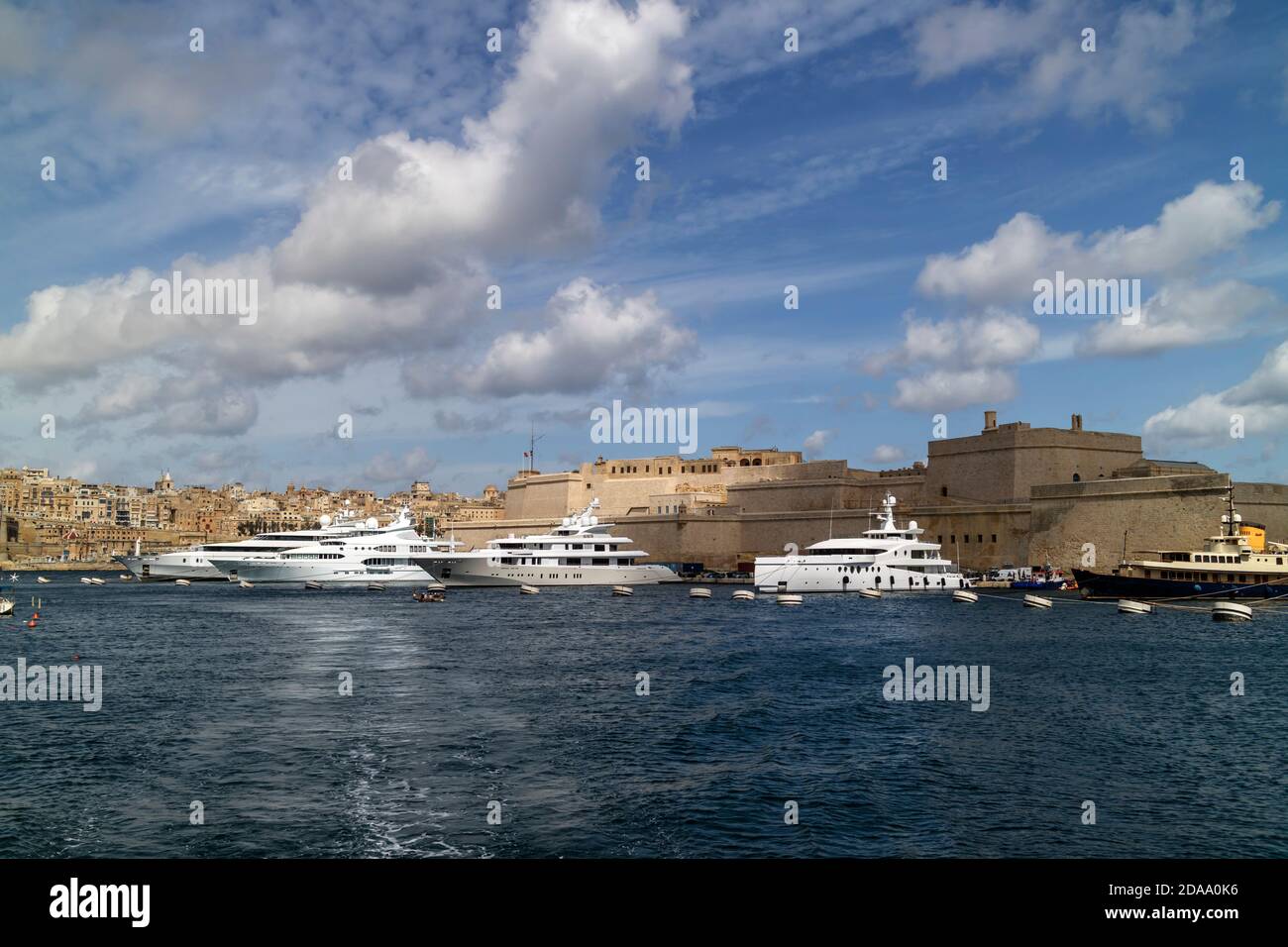 View of Fort St. Angelo and Luxury Yachts Stock Photo