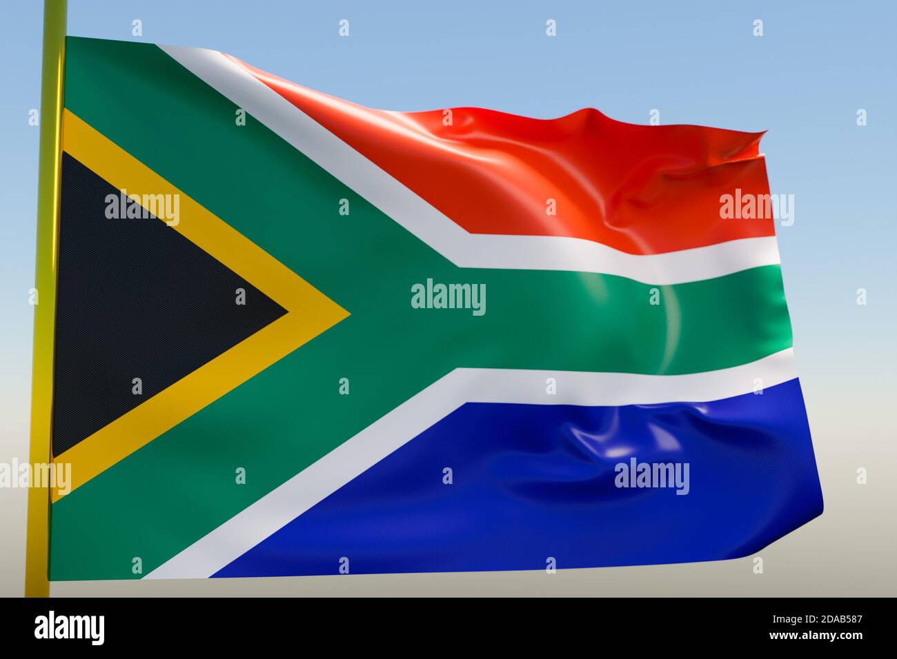 3D illustration of the national flag of South African Republic on a metal flagpole fluttering against the blue sky.Country symbol. Stock Photo