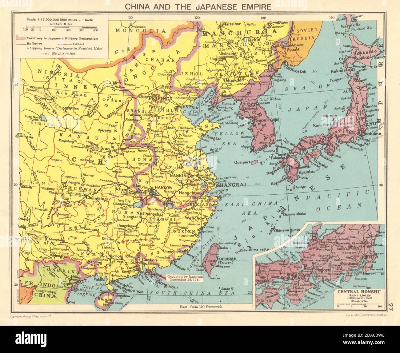 WORLD WAR 2 Japanese occupied China, Korea, Taiwan, Hong Kong 1943 old map Stock Photo