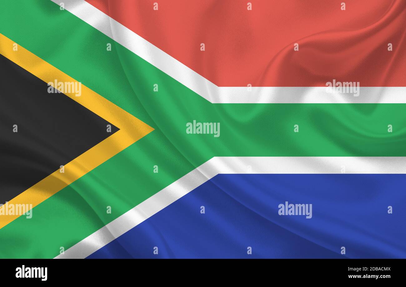 Flag of South Africa country on wavy silk fabric background panorama - illustration Stock Photo