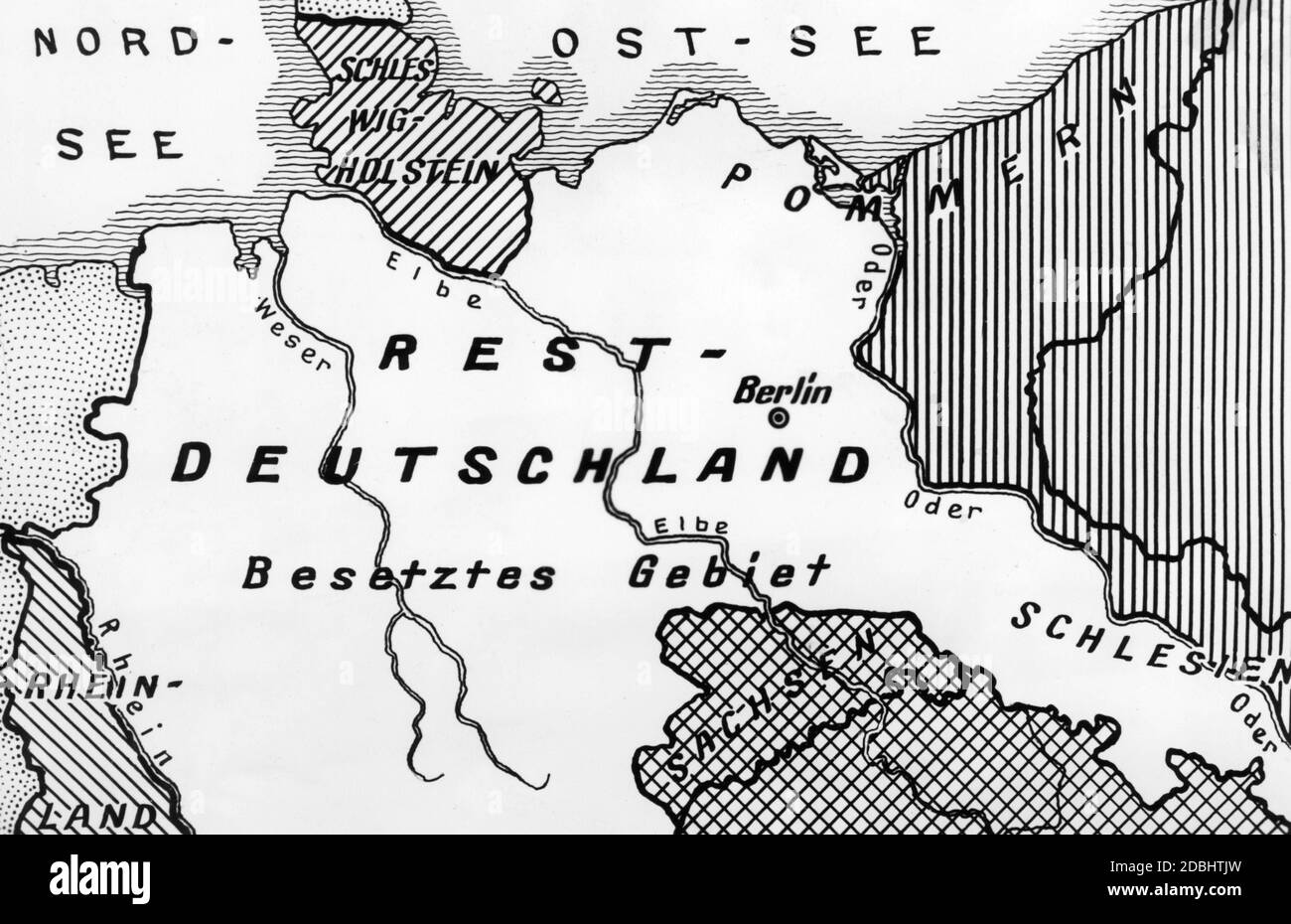 'A map, printed in various English daily newspapers (including the ''Daily Herald''), shows a possible division of Germany after the end of the Second World War.' Stock Photo