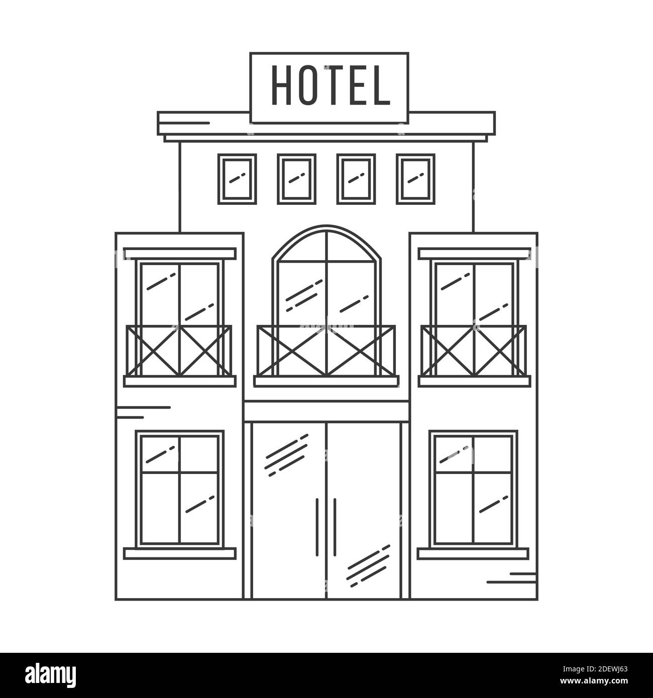 Hotel building outline. Vector line-art illustration isolated on white background. Stock Vector