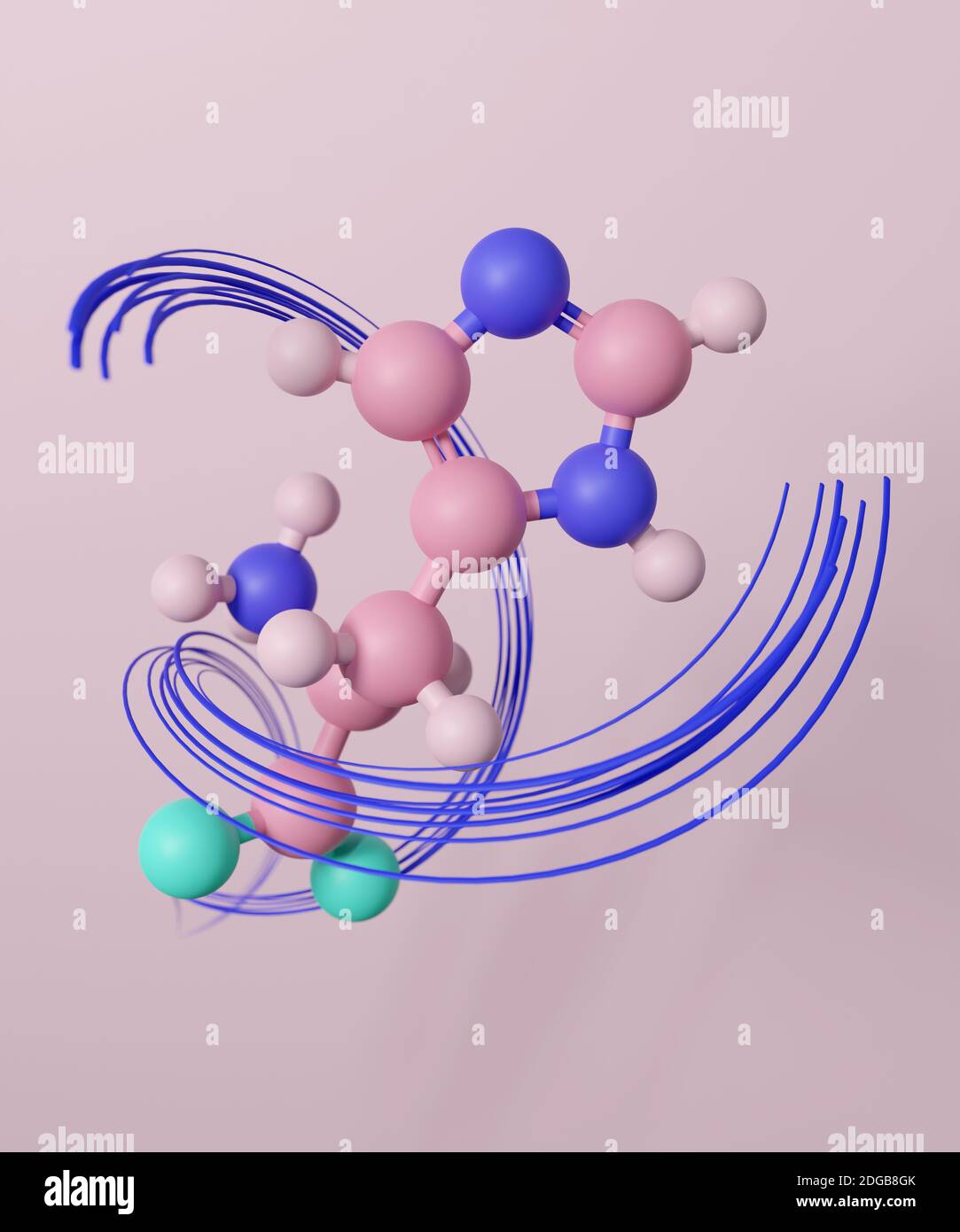 Histidine (l-histidine, his, H) amino acid molecule. 3D rendering. Ball and stick model with atoms represented by color coded spheres: oxygen light tu Stock Photo