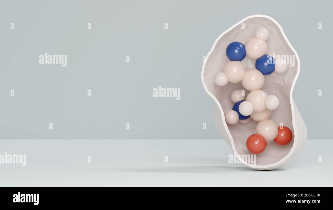 Histidine (l-histidine, his, H) amino acid molecule. 3D rendering. Atoms are represented as spheres with conventional color coding: hydrogen (white), Stock Photo