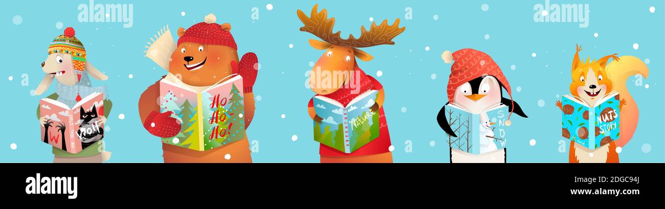 Animals for Kids Reading Books in Winter, Studying Stock Vector