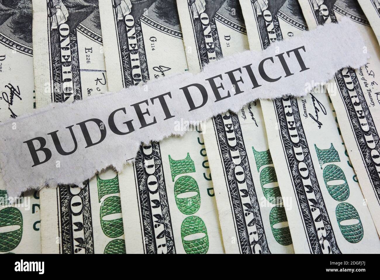 Budget Deficit news headline on money Stock Photo