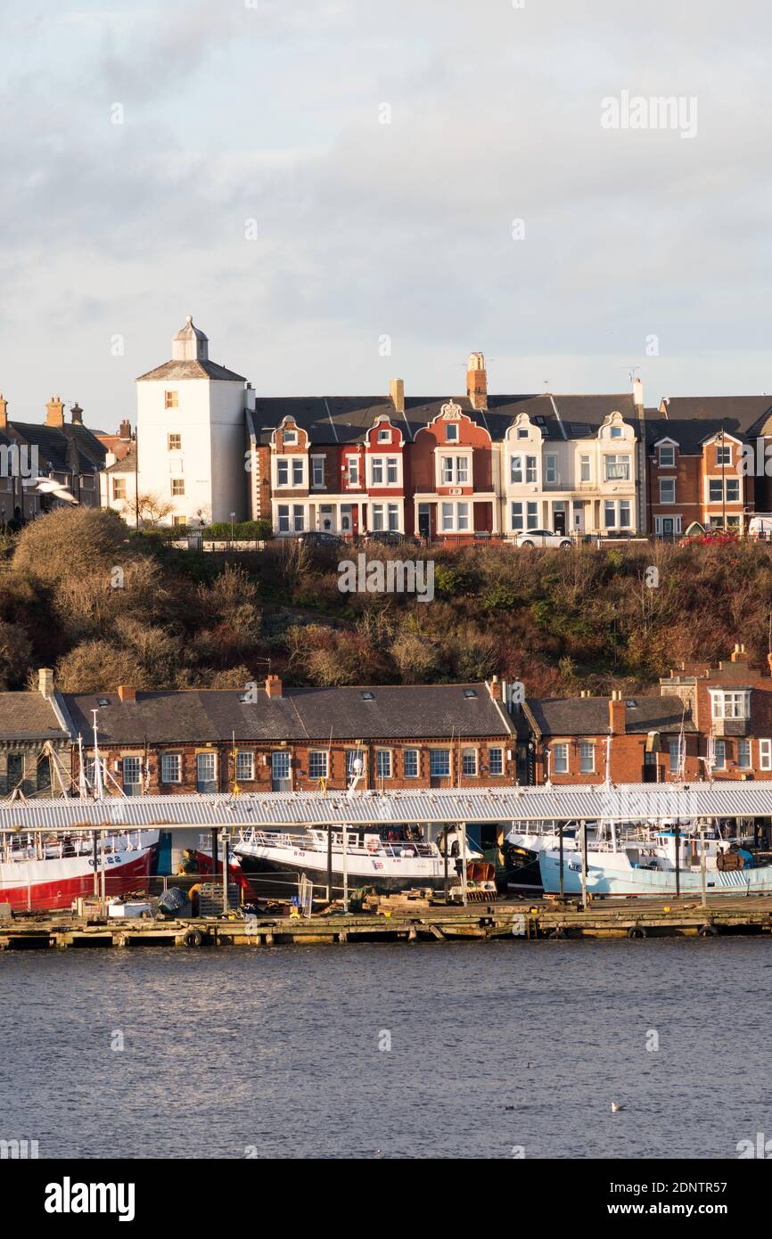 The old High Light and Trinity House buildings above North Shields fish quay, north east England, UK Stock Photo