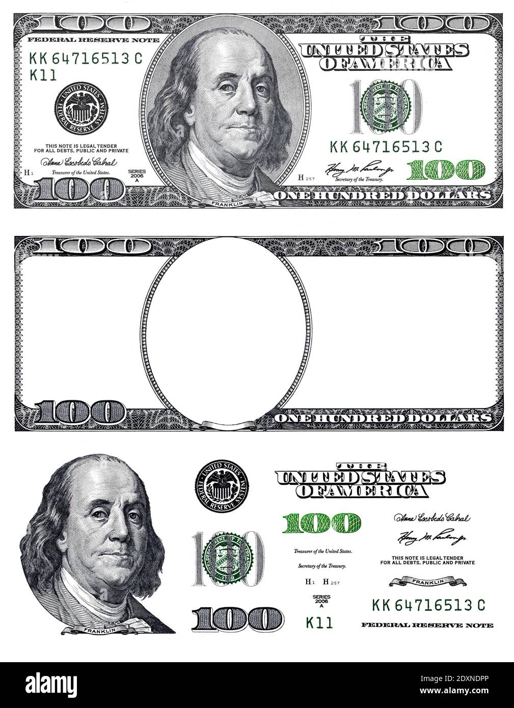 U.S. 100 dollar banknote. Elements for design purpose on white background Stock Photo