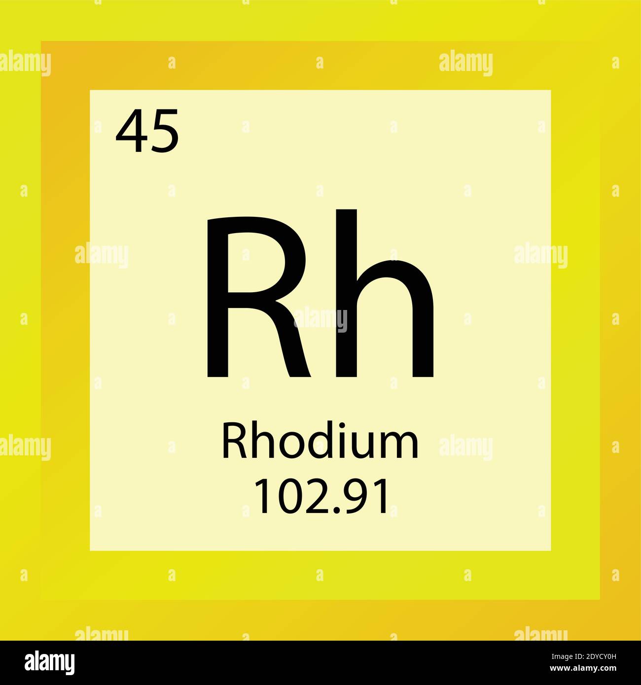 Rh Rhodium Chemical Element Periodic Table. Single element vector illustration, transition metals element icon with molar mass and atomic number. Stock Vector