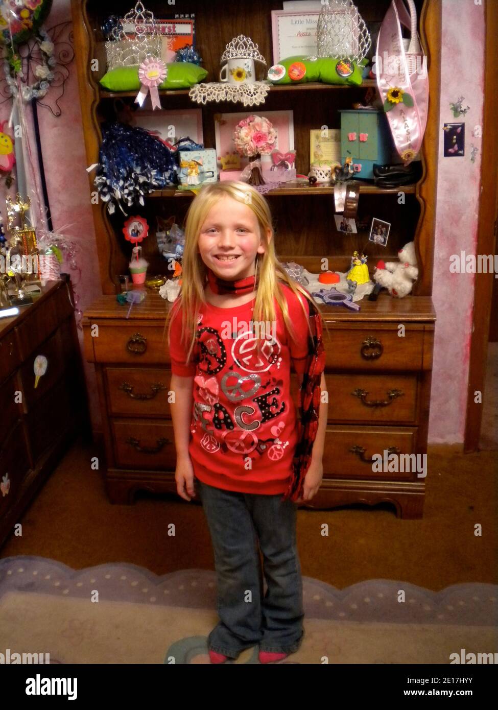 Alaska, a subject of TLC's Toddler's & Tiaras' is pictured at home with some of her crowns and sashes. Alaska was filmed during the 4th season of the series, which premieres on June 15, 2011. Photo Courtesy by TLC /ABACAPRESS.COM Stock Photo