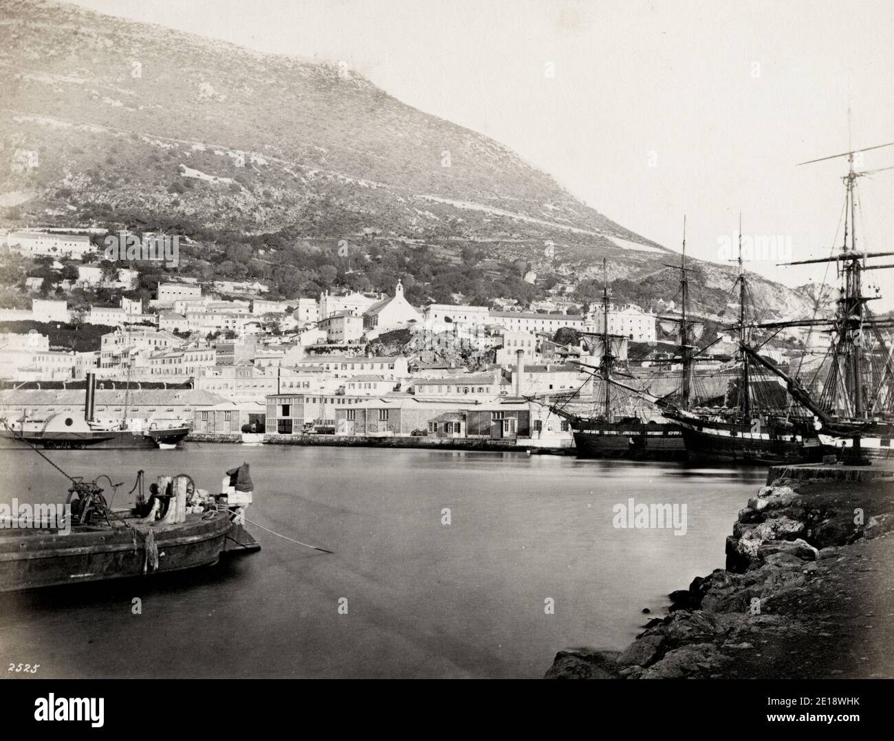 Vintage 19th century photograph - view of the harbour at Gibraltar. Stock Photo