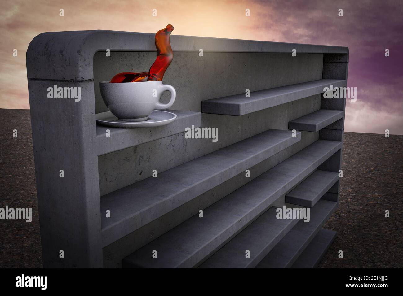 Coffee cup inside a maze at sunset magenta sky demonstrating Morning complicated. 3D illustration Stock Photo