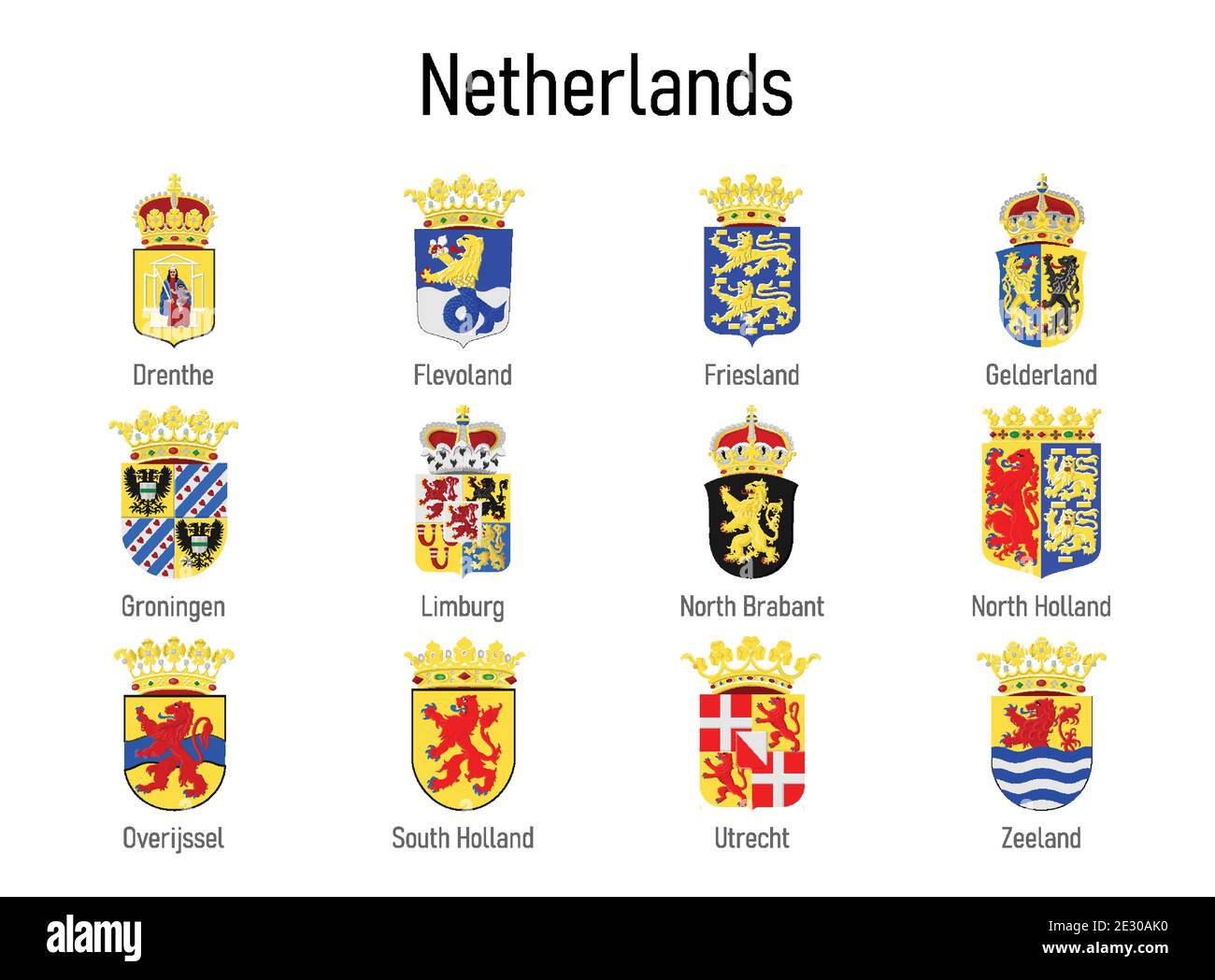 Coat of arms of the province of Netherlands, All Dutch regions emblem collection Stock Vector