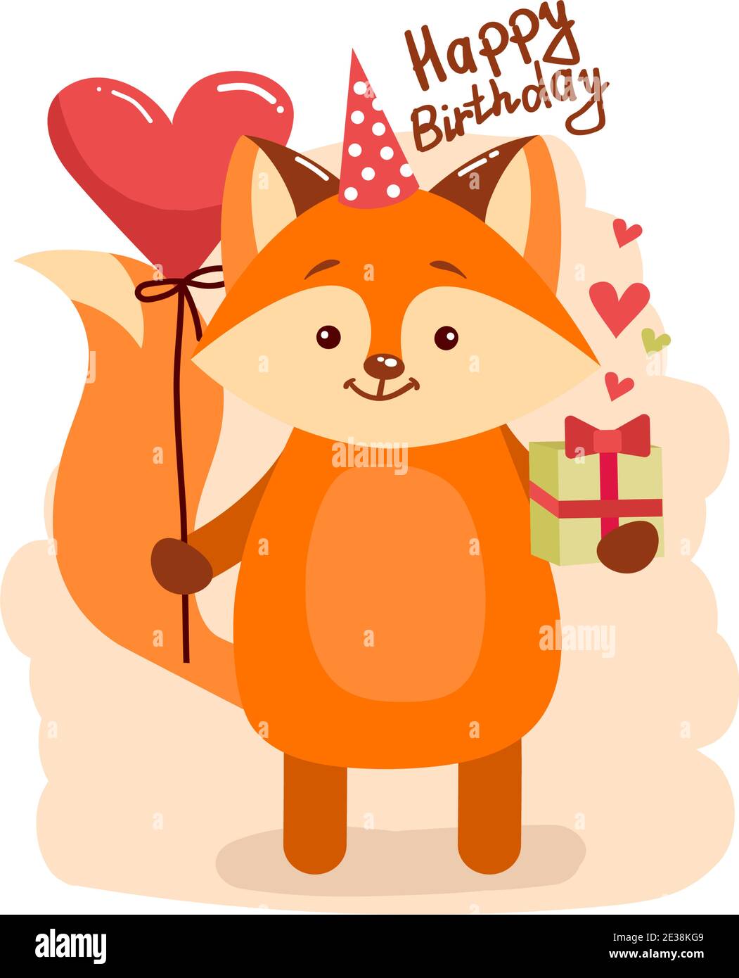 Cute cartoon lovely red fox with pink large heart and text happy birthday. Vector illustration for web, site, greeting card, valentines day poster Stock Vector