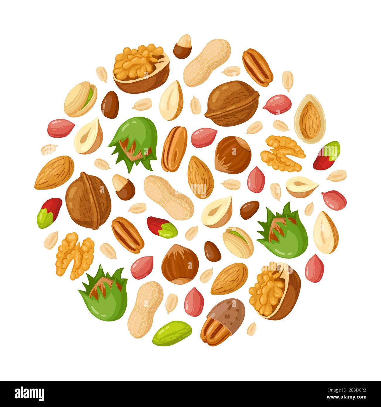 Cartoon seeds and nuts. Almond, peanut, cashew, sunflower seeds, hazelnut and pistachio. Nut food vector illustration set Stock Vector