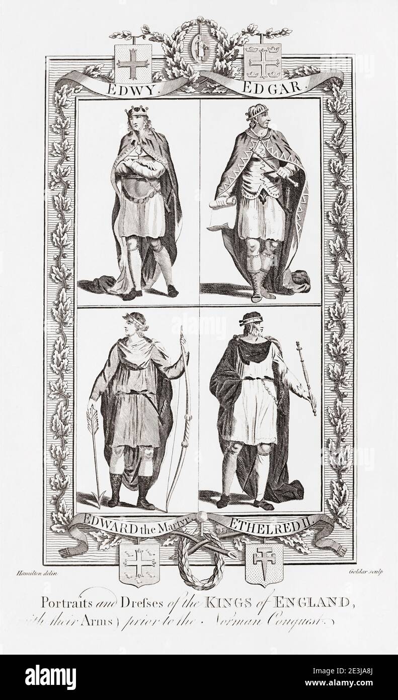 Four early English kings.  Edwy, Edgar, Edward the Martyr, Ethelred II.  Engraving from The New, Impartial and Complete History of England by Edward Barnard, published in London 1783. Stock Photo