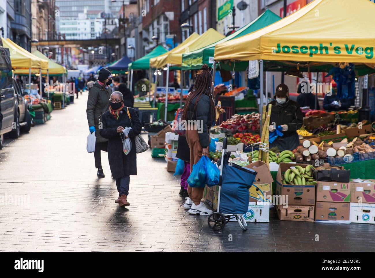 A general view of Surrey Street Market in Croydon.Only 33,355 positive Covid19 cases have been recorded today, the lowest number of daily cases since December 27th- before the start of England’s third nationwide lockdown. Stock Photo