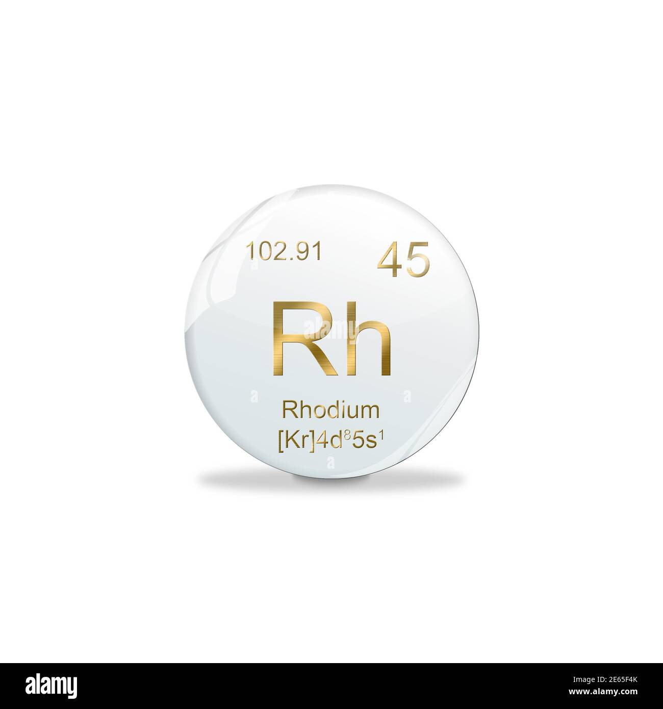 3D-Illustration, Rhodium symbol - Rh. Element of the periodic table on white ball with golden signs. White background Stock Photo